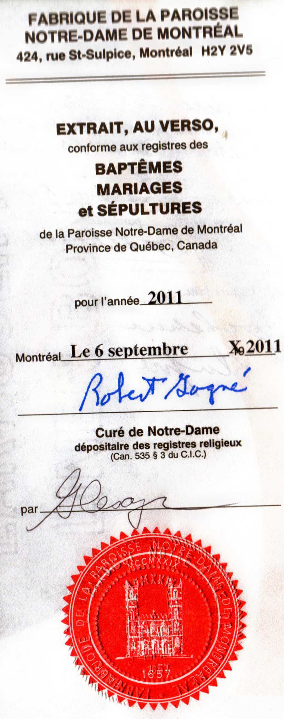  Notre-Dame-des-Neiges Cemetery Certification for Burial of Maynard (Ménard) Brooks  